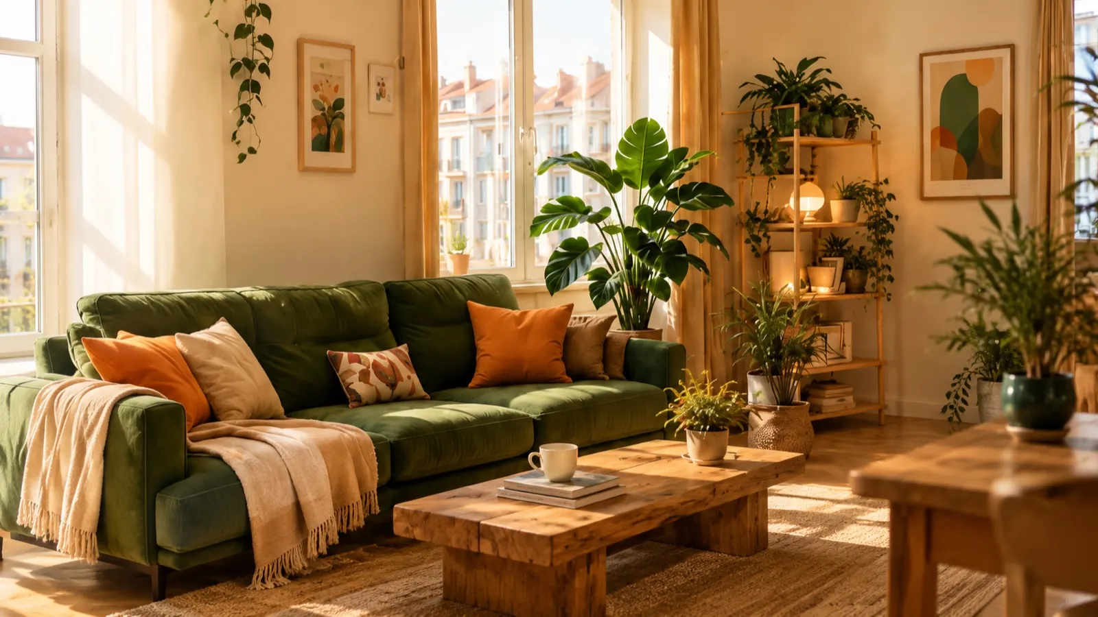 Salon chaleureux avec canapé vert, plantes et lumière du jour