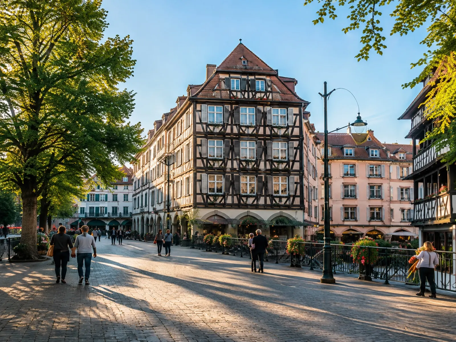Rue typique de Strasbourg avec ses bâtiments traditionnels et ses arbres